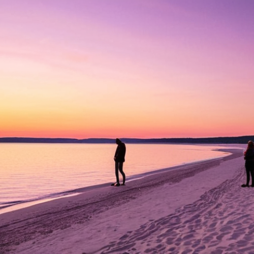 **Prompt:** A vibrant sunset at Sunset Point, Sweden. The sky is filled with orange, pink, and purple hues, reflecting on the calm, crystal-clear water. Soft white sand in the foreground leads to the sea. People are silhouetted, enjoying the view. Coastal setting, Scandinavian vibe.