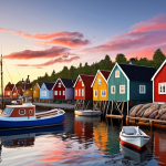 **Image:** A small, colorful fishing village at Sunset Point, Sweden. Focus on wooden houses, fishing boats, and the atmosphere of a peaceful harbor. Include the scent of fresh fish in the air.